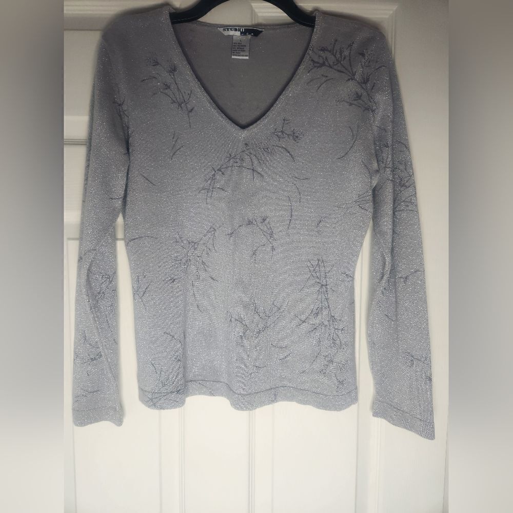 Studio JDR SILK Metallic V Neck Women's Large LngSlve Silver Blouse Top